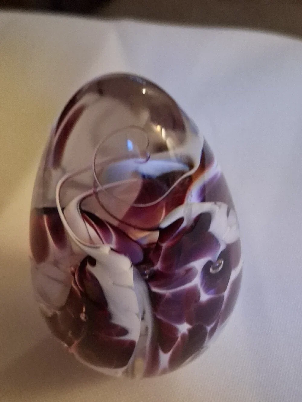 Handblown Glass Paperweight in Purple and White
